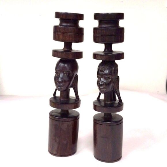 Artisan Handcrafted African Tribal Ironwood Male Female Bust Candlestick Holders - Picture 2 of 10